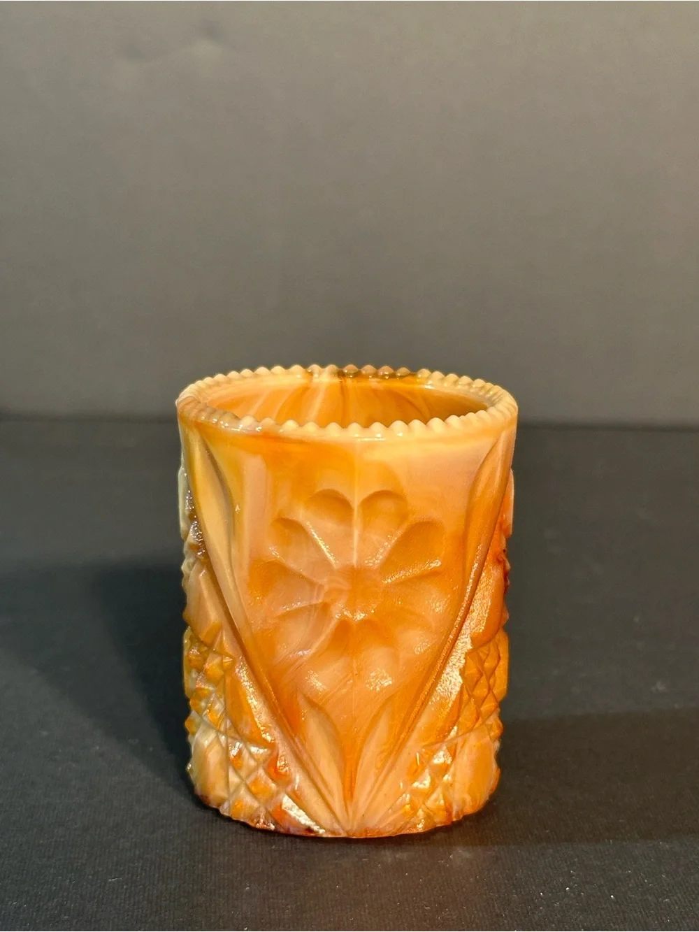 Joe St. Clair Glass Carmel Chocolate Slag Toothpick Holder Flower Button Pattern